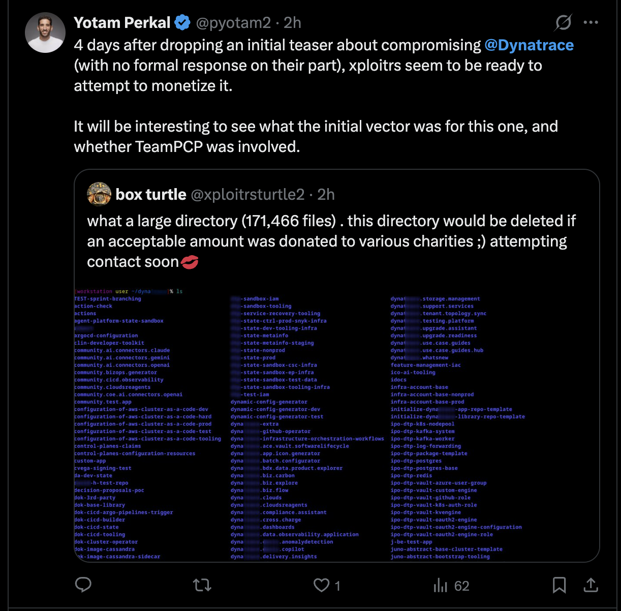 Tweet by @xploitrsturtle2 on May 31, 2026 attaching a screenshot of an internal directory listing with 171,466 files and threatening deletion unless donations are made to charity. Quoted by @pyotam2.